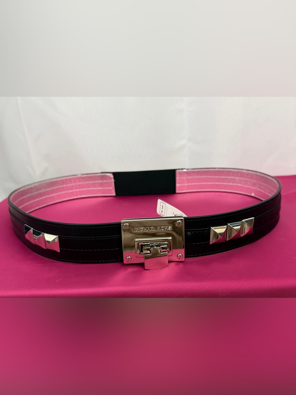 Michael Kors Black Chunky Wide Synthetic Leather Belt w/Silver Logo Plate Large